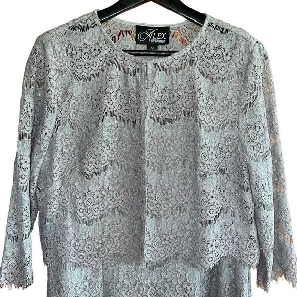 Alex Evenings Dress Size 12 Silver 2 PC Midi Lace Sparkle Sheath Jacket - Picture 2 of 16